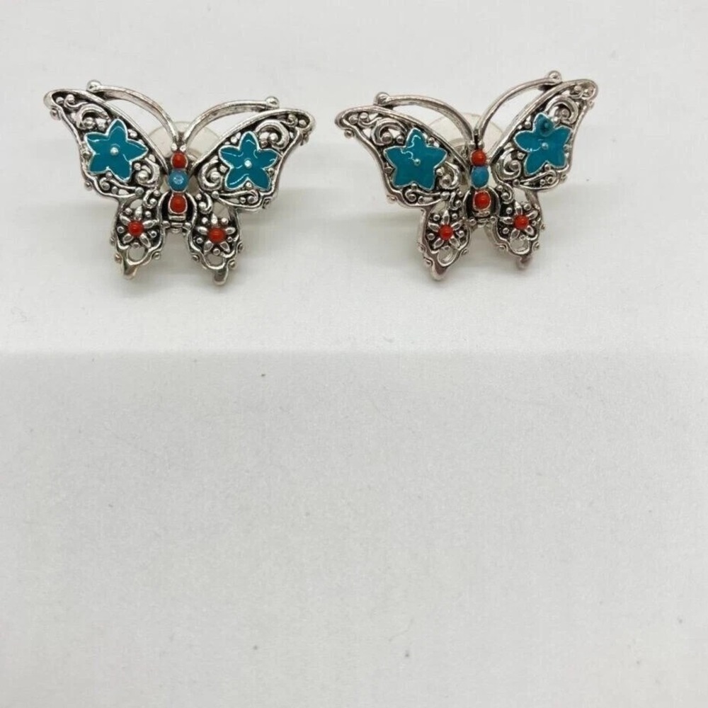 Fashion Butterfly Stud Earrings Silver Tone Blue‎ Enamel Red Beads Nature Theme